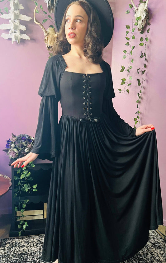 Lilith - Cottage Goth Lace Up Jersey Dress