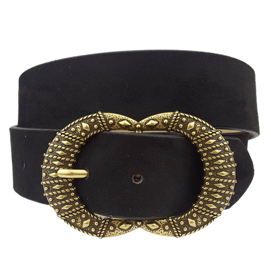 Western Vintage Brass Buckle/ Microfiber suede belt - Black