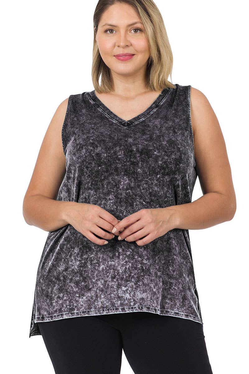 Plus size Mineral Wash Top w/ Side Slit - Charcoal