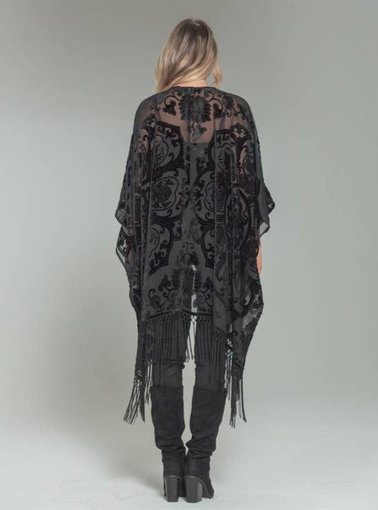 Velvet Fringe Trim Kimono in Black - La De Da