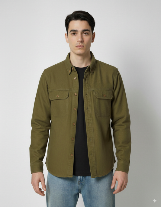 Men's Denim Long Sleeve Shacket - Olive