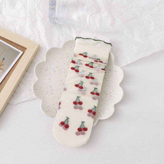 Cute Floral & Fruit Sheer Socks - Cherry