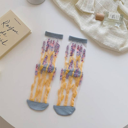 Sheer Floral Mesh Crew Socks- Yellow