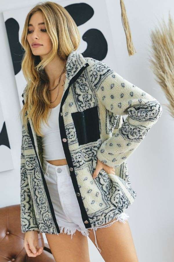 Plus Printed Front Pockets Button Down Jacket - Cream