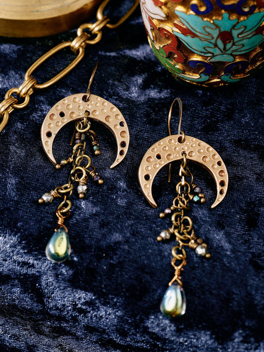 Crescent Moon Earrings with Czech Glass Drop