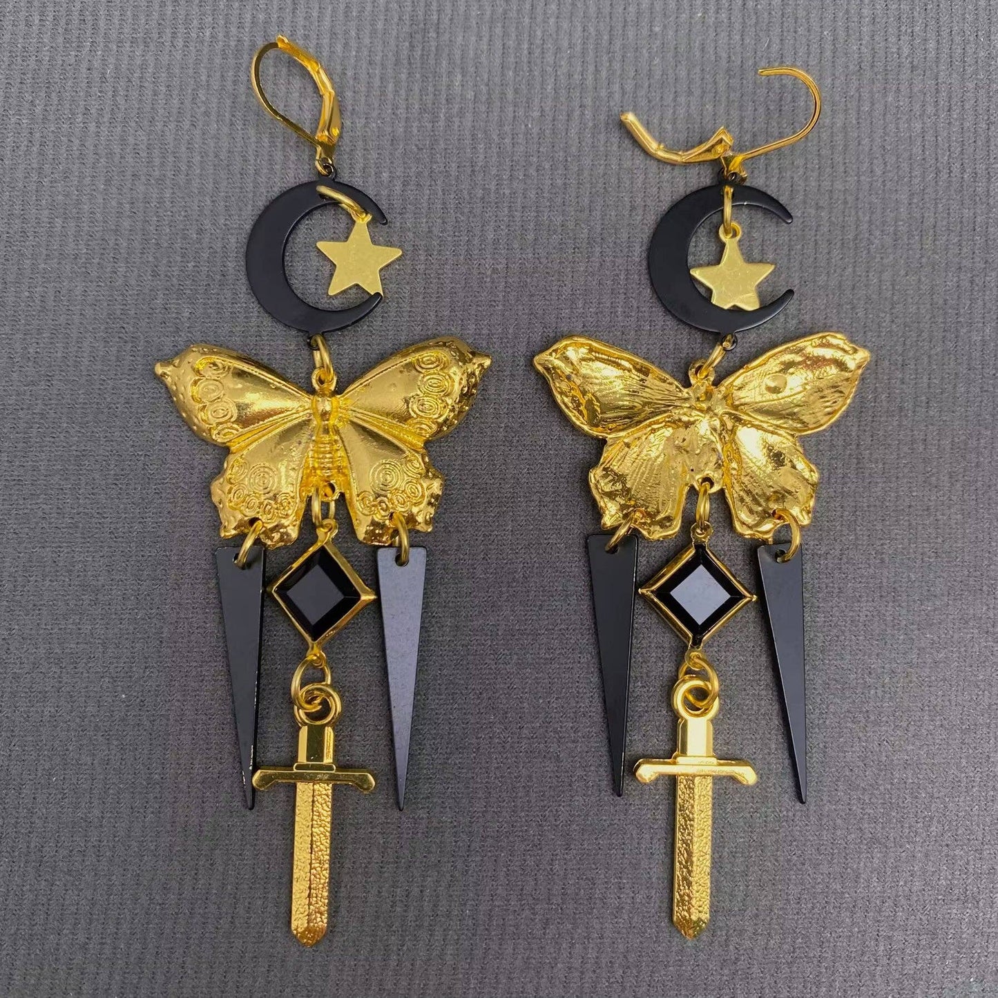 Vintage Black Moon Golden Butterfly Dangle Earrings - MS