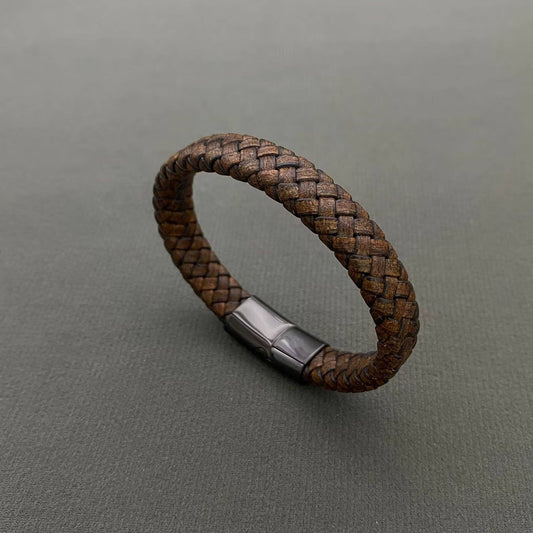 Brown PU Leather Men's Stainless Steel Buckle Bracelet