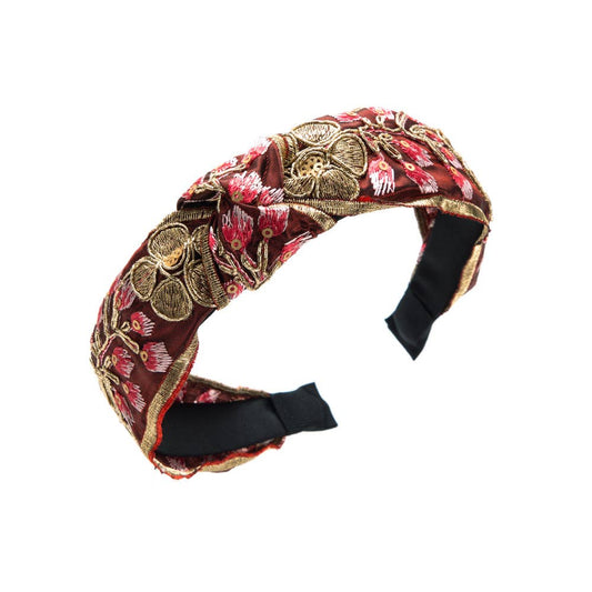 Vintage floral Embroidered Knot Headband - Red