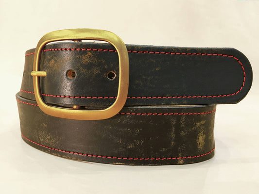 Vintage Aged Black Brown Distressed Red Stitched Leather Belt - Antique Brass Buckle