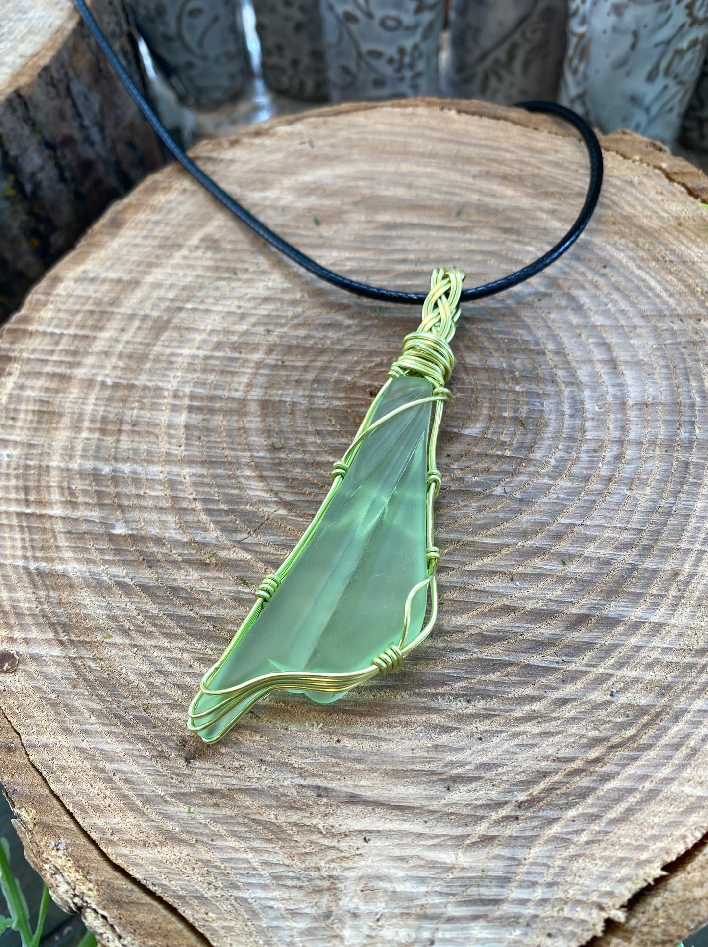 Green Wire Wrapped Uranium Glass Necklace #IV109