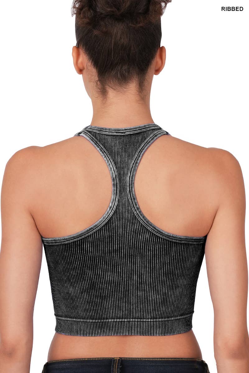 High-neck Racerback Premium Washed Crop Tank - Black