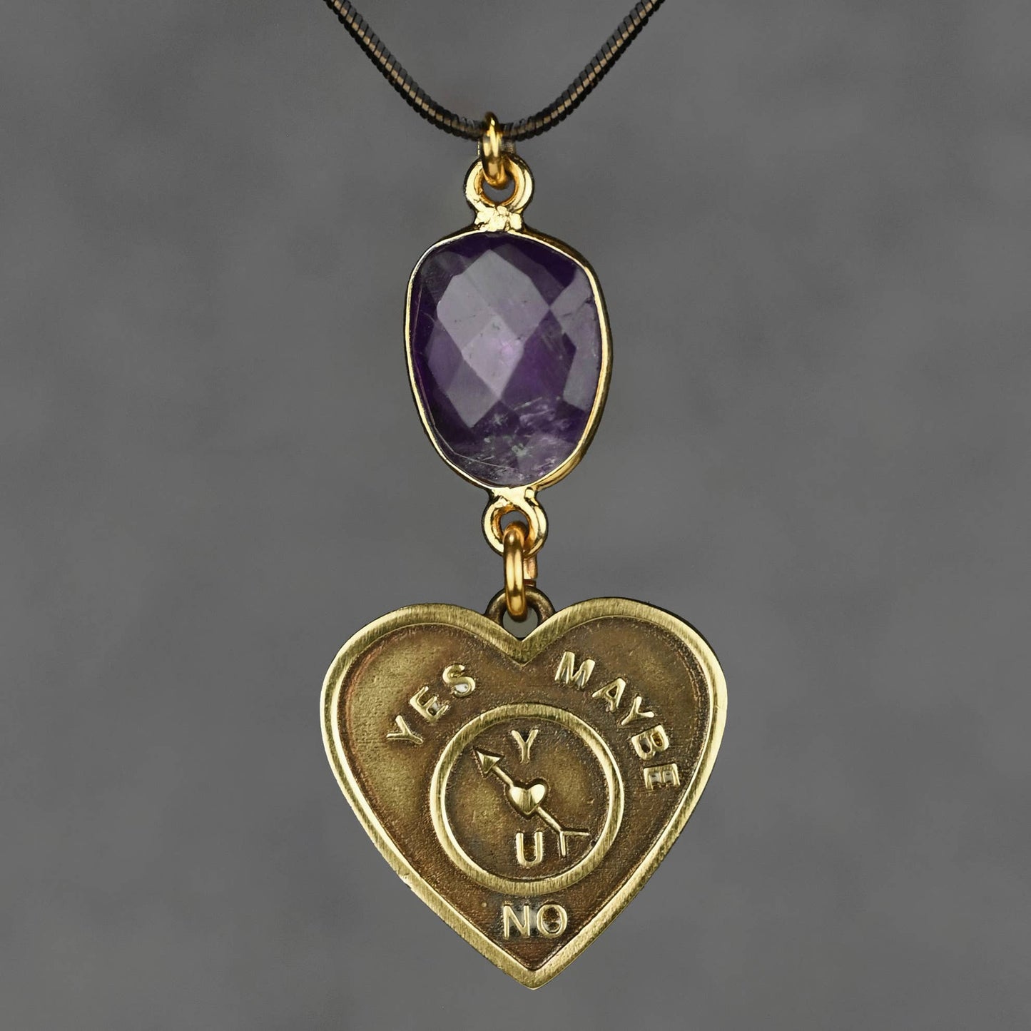 Yes, No, Maybe Antiqued Cast Brass Heart Necklace