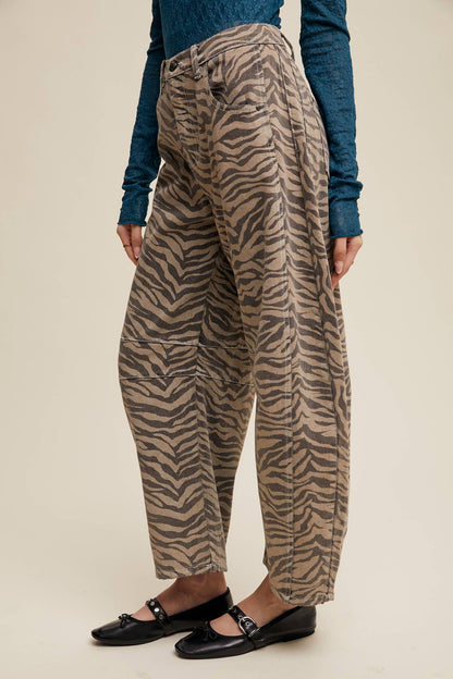 Zebra Print Barrel Jeans - Mocha