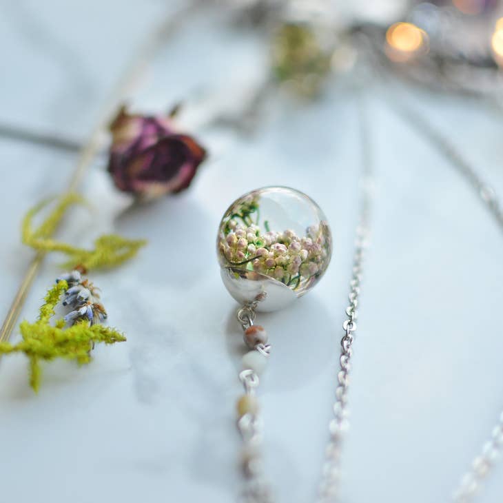 Pink Rice Flower Sphere Necklace - La De Da