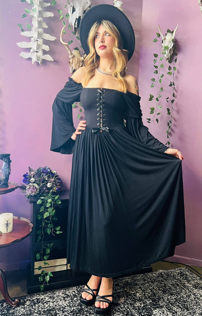 Lilith - Cottage Goth Lace Up Jersey Dress