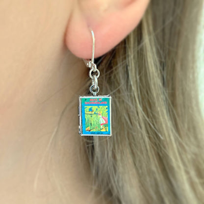 Earrings Book Locket Alice In Wonderland Blue w/ Caterpillar