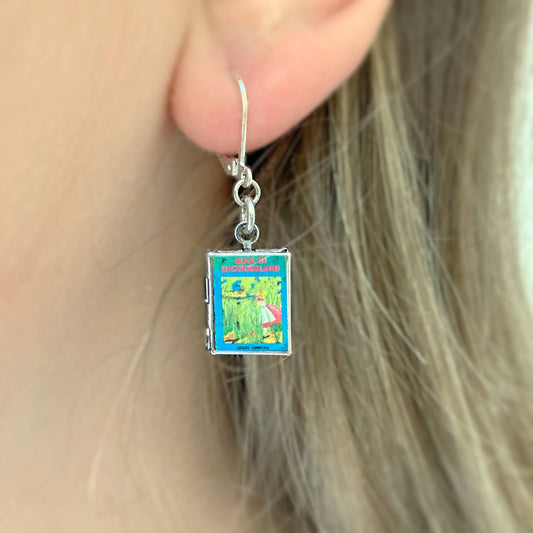 Earrings Book Locket Alice In Wonderland Blue w/ Caterpillar