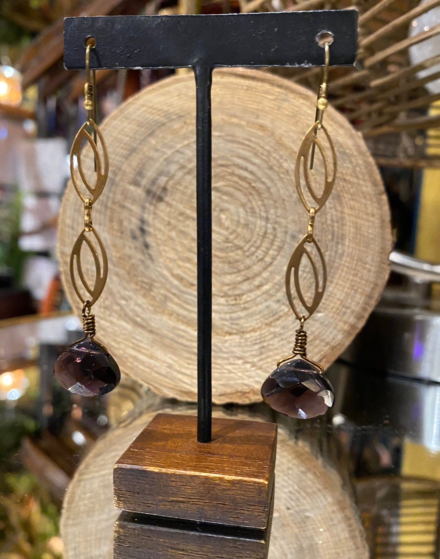 Vintage Brass Chain Earrings - Amethyst