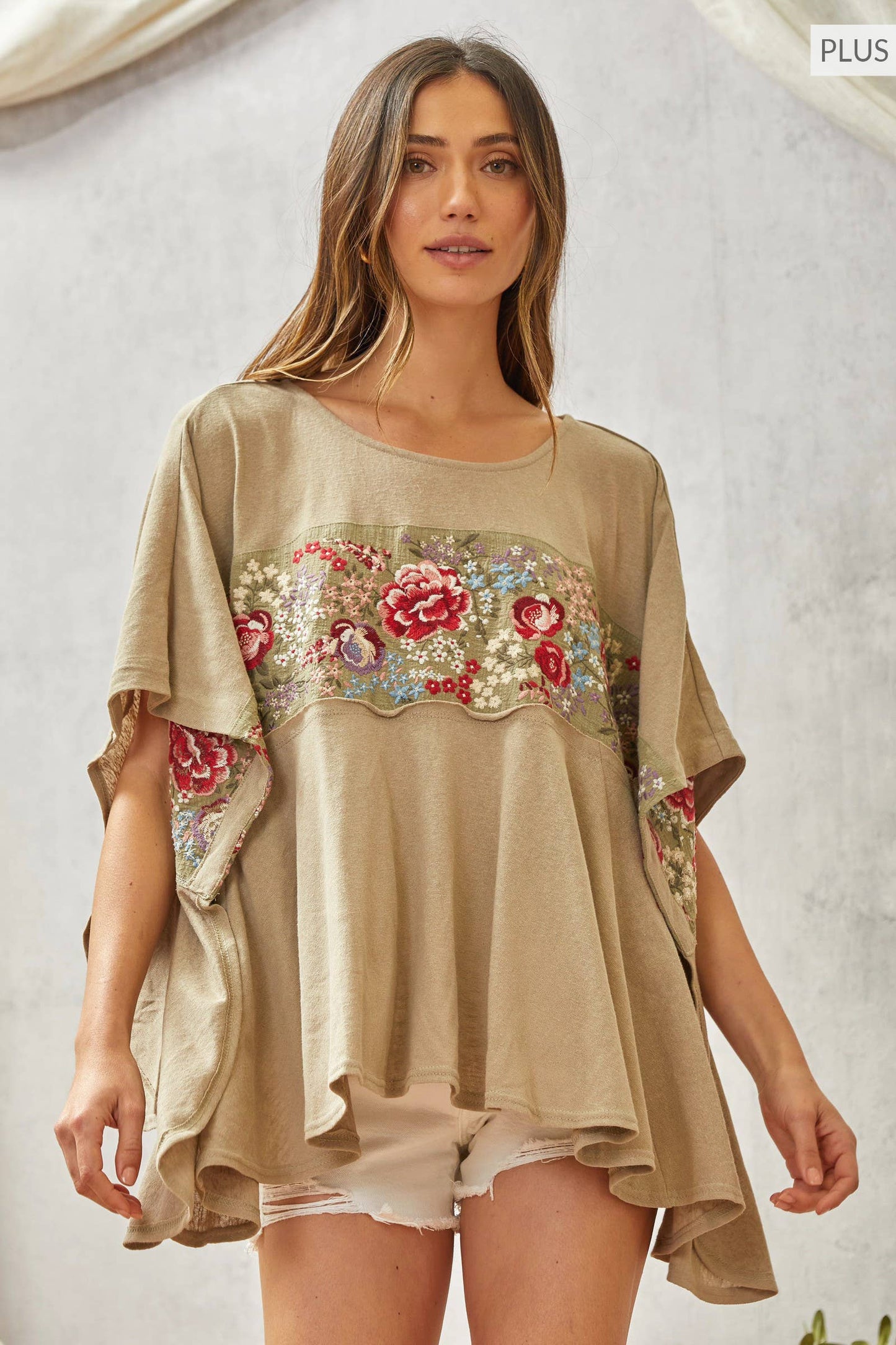 Plus Size Poncho Like Tunic Top Featuring a Round Neckline - Oyster