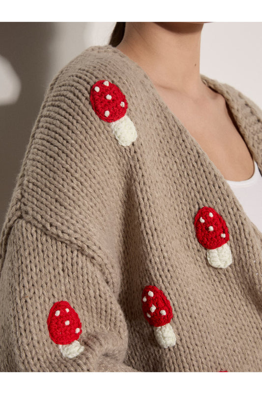 Mushroom Hand Knit Open Cardigan