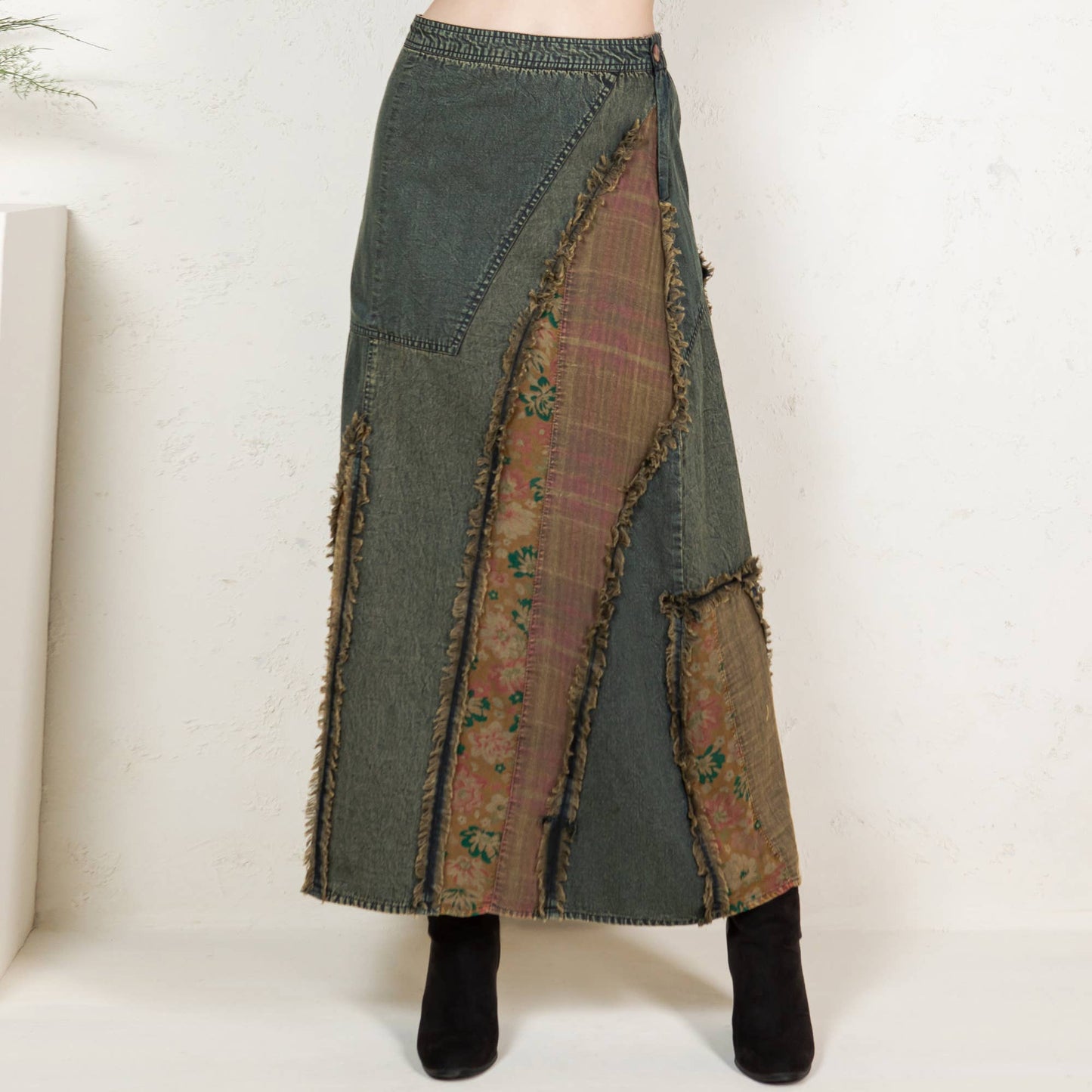 Patch Denim Midi Skirt - Gravel