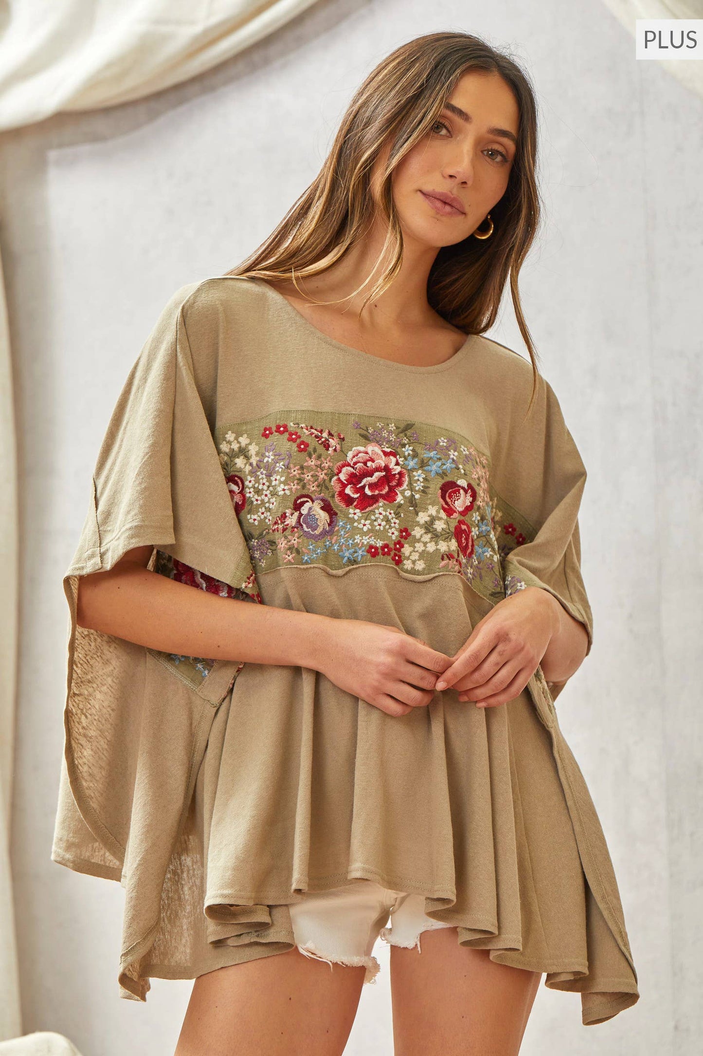 Plus Size Poncho Like Tunic Top Featuring a Round Neckline - Oyster