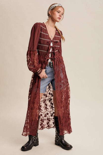 Lace-Up Embroidered Maxi Kimono - Wine