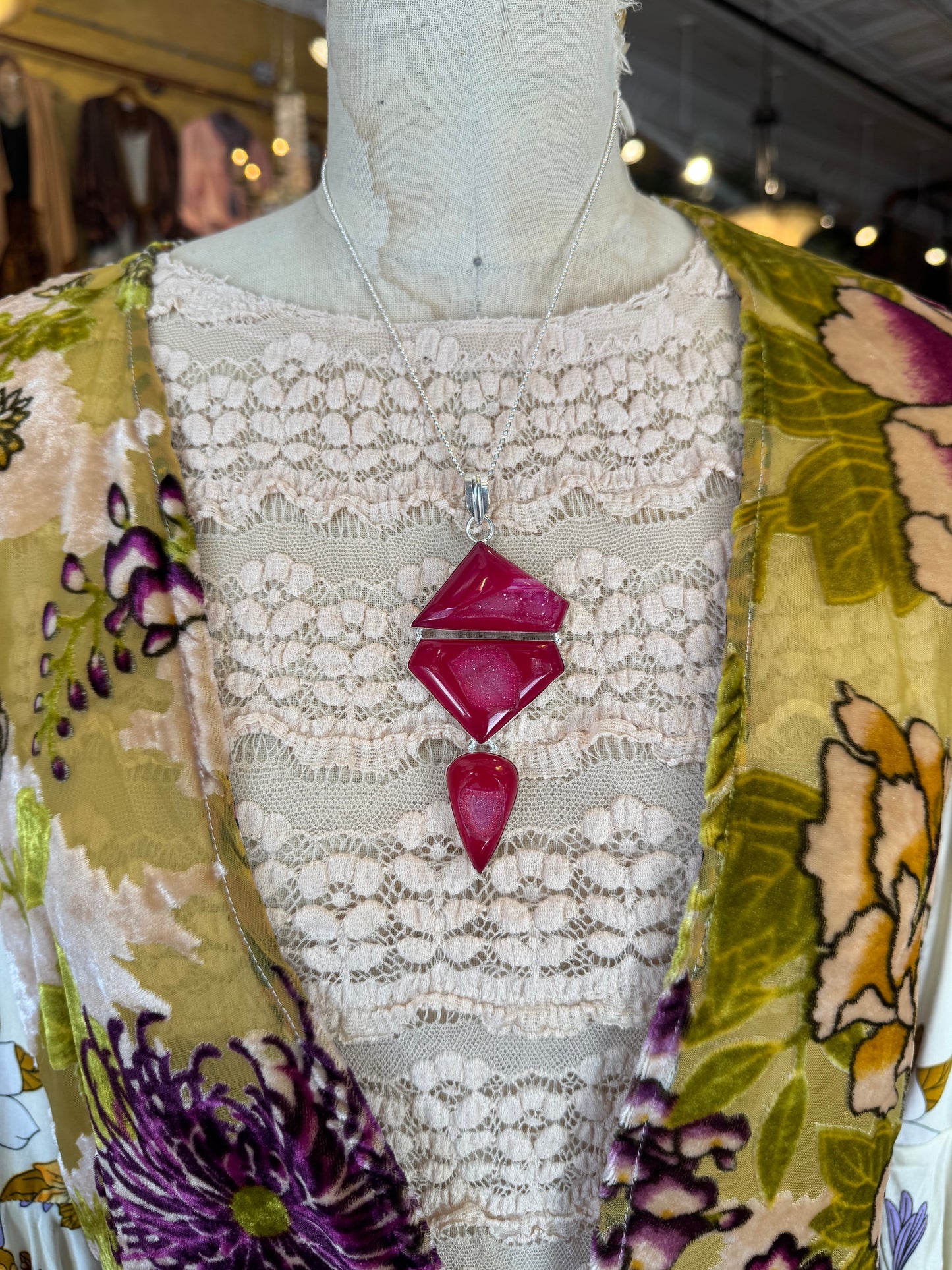 Triple Fuchsia Druzy Pendant