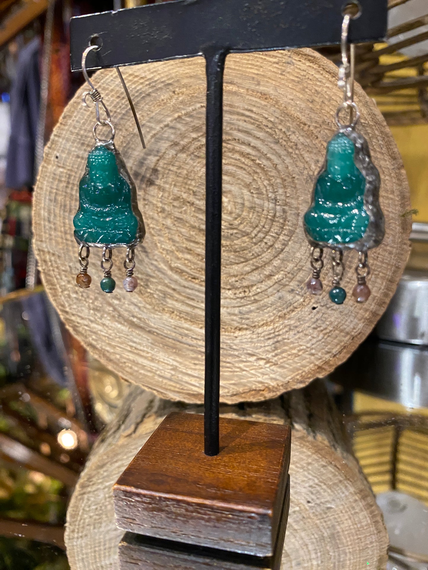 1950 Buddha Mixed Stone Dangle Earrings