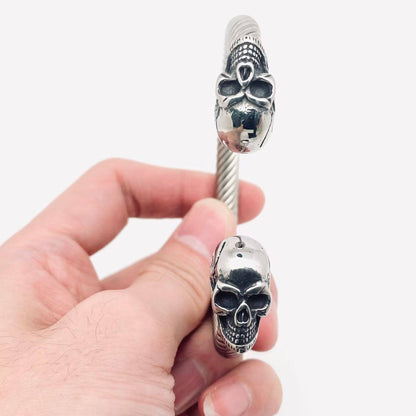 Double Skull Stainless Steel Cuff Bangle Men Bracelet -MJ/BC