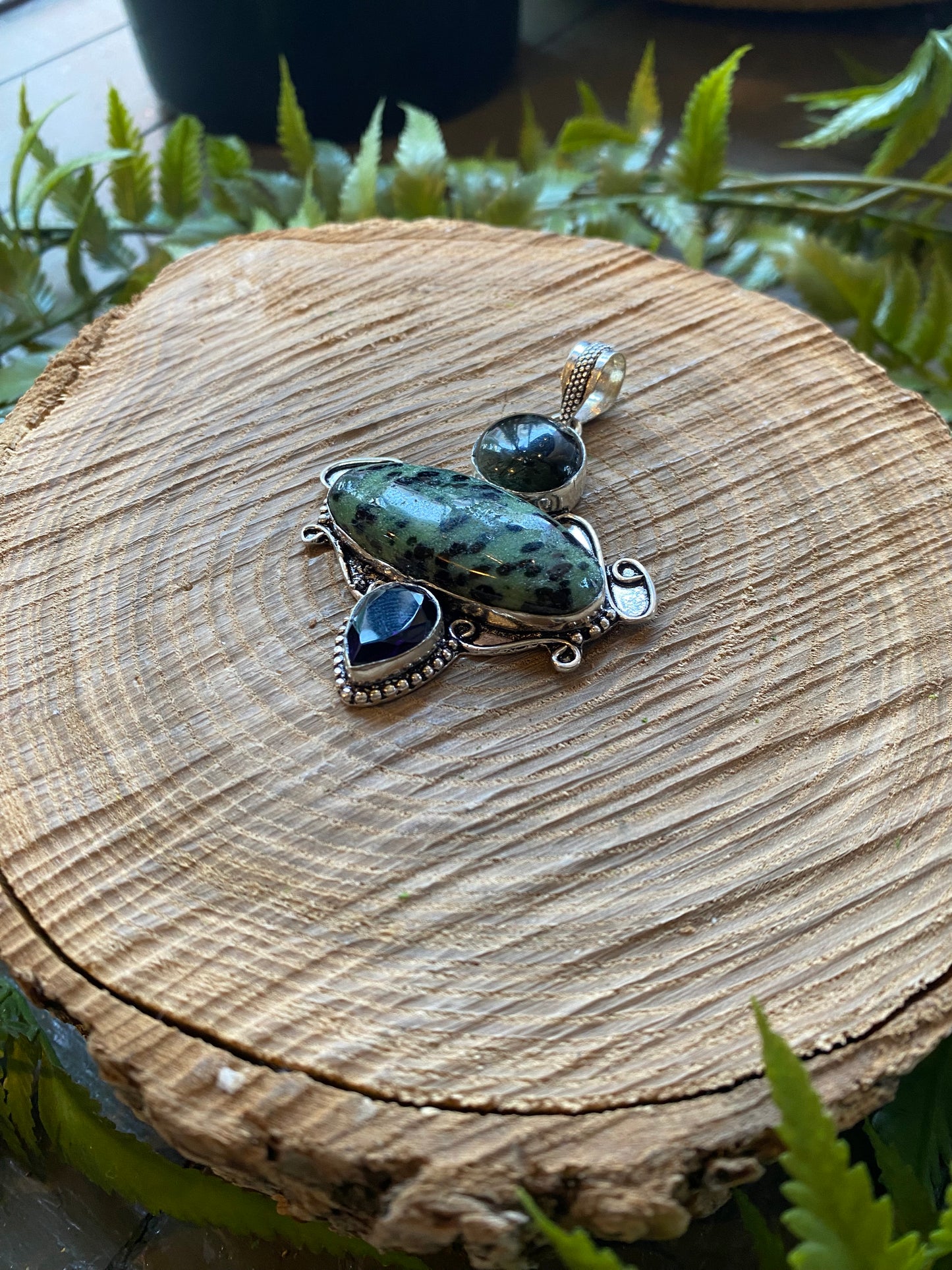 Green Jasper Smokey Quartz Amethyst Pendant