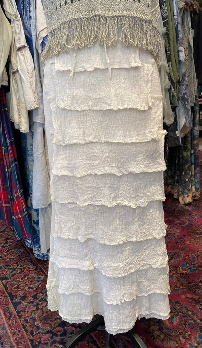 Full Length Layered Ruffle Skirt - Cream