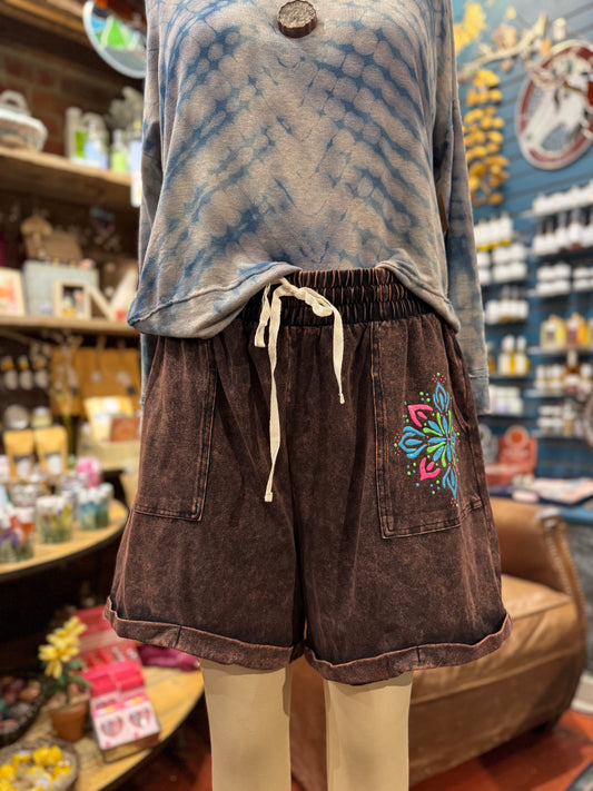 Floral Mandala Mineral Wash Zenana Shorts -Laura Bruce*