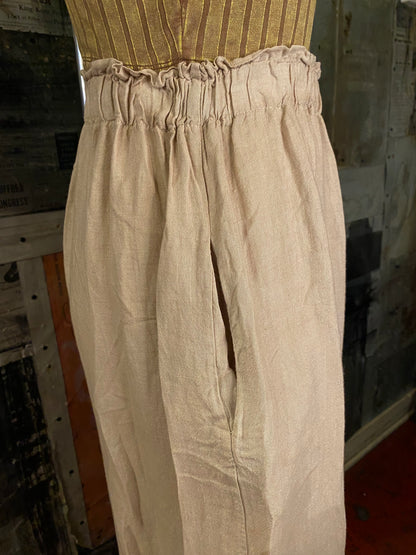 Linen, Elastic Waist Palazzo Pants - Sand