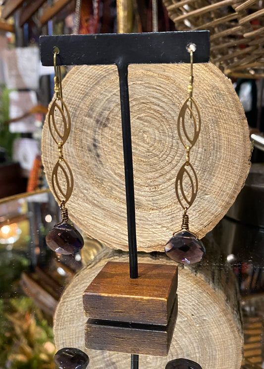 Vintage Brass Chain Earrings - Amethyst