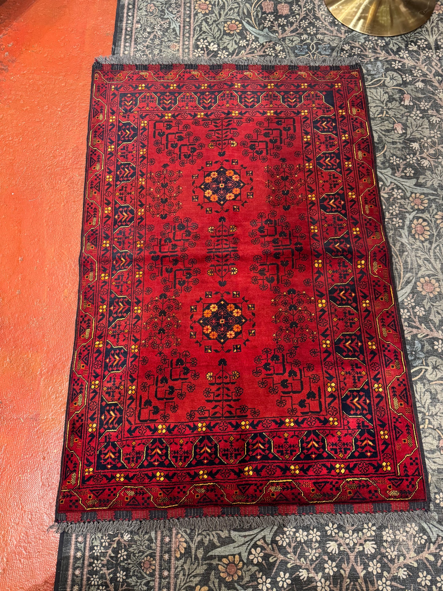 Handmade Wool Area Rug - Red & Yellow Floral Print