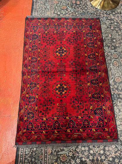 Handmade Wool Area Rug - Red & Yellow Floral Print