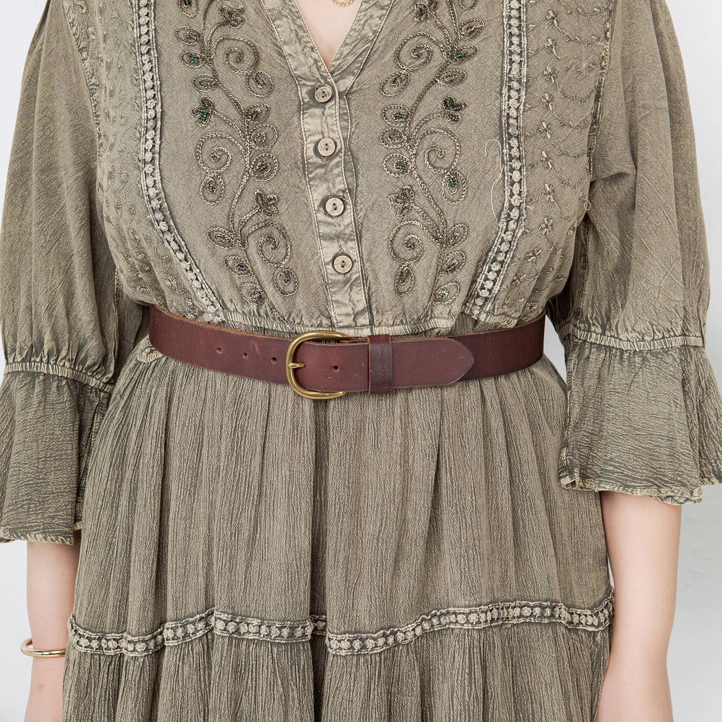 Stone-Washed Baby Doll Dress with V-Neck - GRAVEL