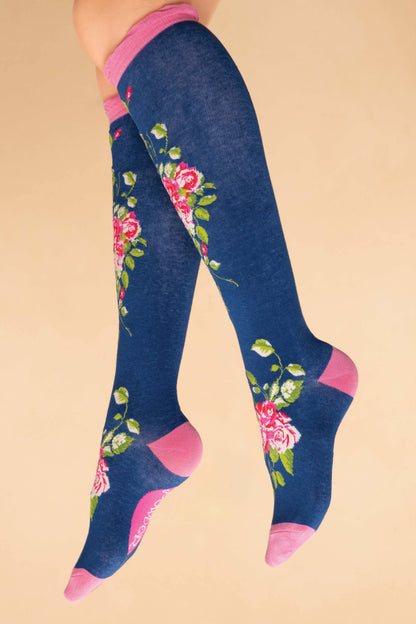 Floral Vines Long Socks - Navy