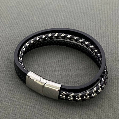 Men's Stainless Steel & Leather Woven Bracelet
