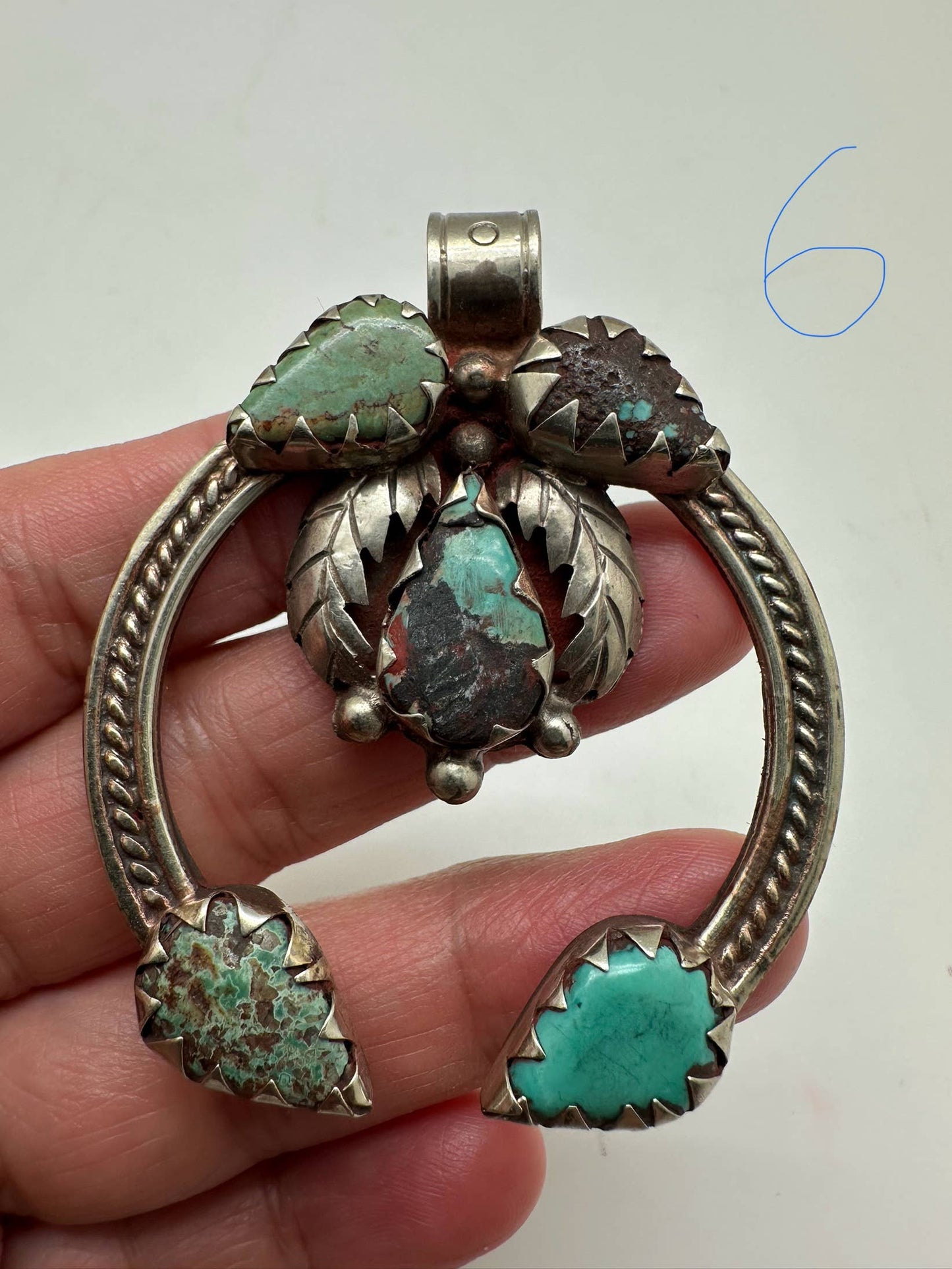 Blossom pendant, handcrafted, white metal - turquoise