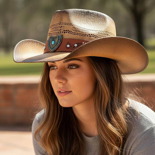 Vented Vintage Cowboy Straw Hat With Turquoise Concho