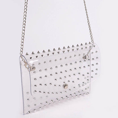 Ull Studded Cross Body Chain Strap Visible Clutch - Clear Silver