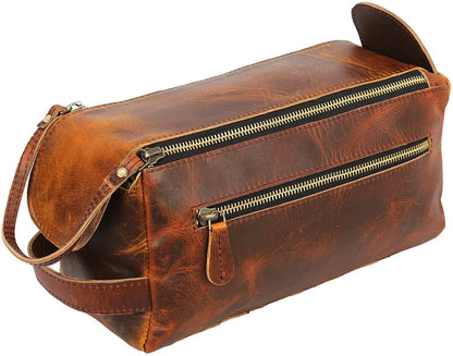 Tuzech Vintage Full Grain Leather Handmade Travel Toiletry Bag