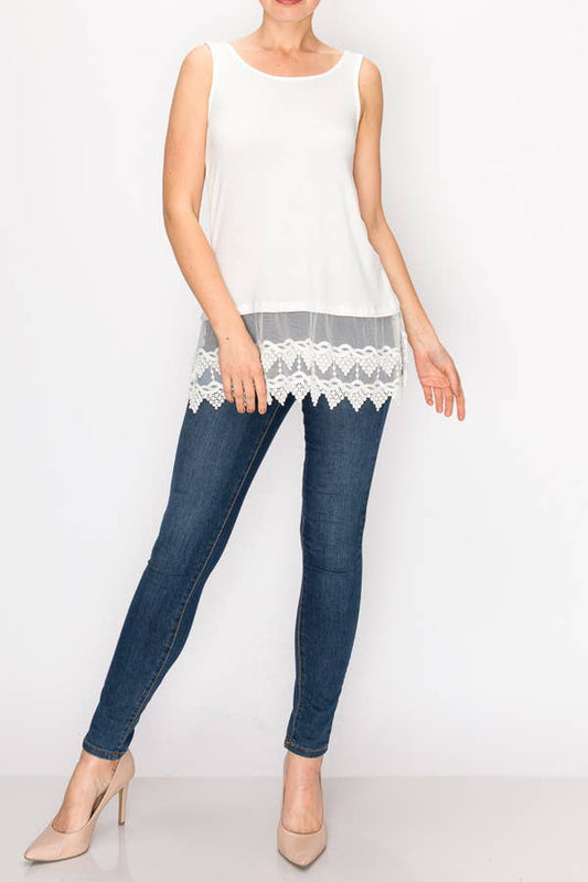 Soft Relaxed Tank With Delicate Floral Laced Hem - Ivory