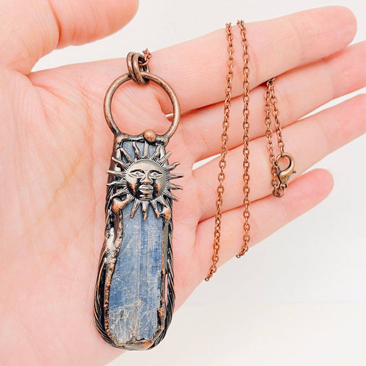 Blue Crystal Raw Stone Sun God Irregular Pendant Necklace
