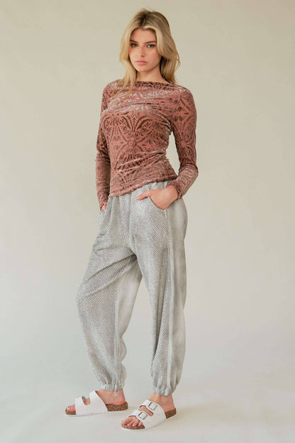 Plus Mesh Patterned Printed Long Sleeve - Brick & Mushroom