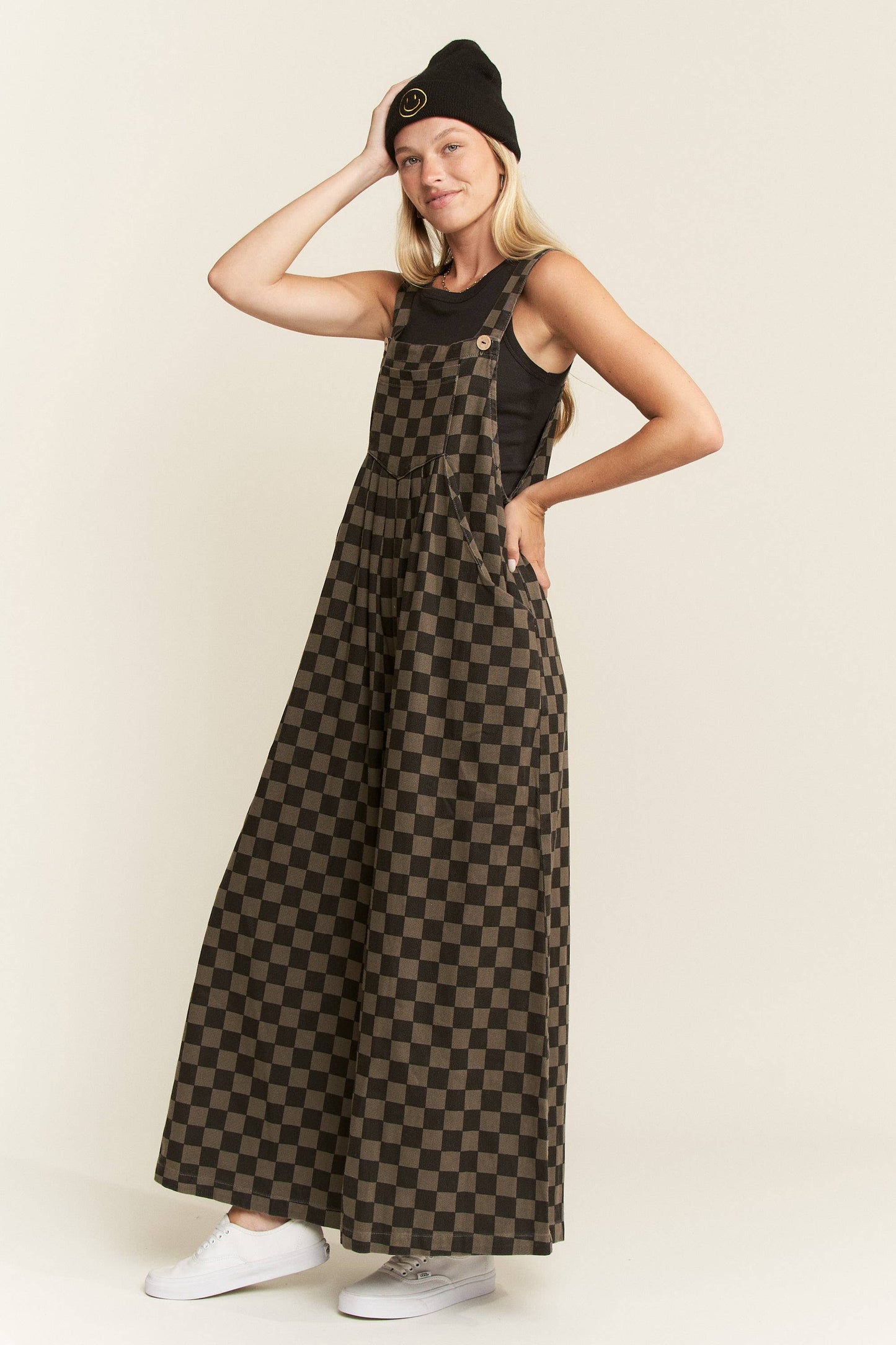 Curve Wide-Leg Overalls - Charcoal/Black Checker