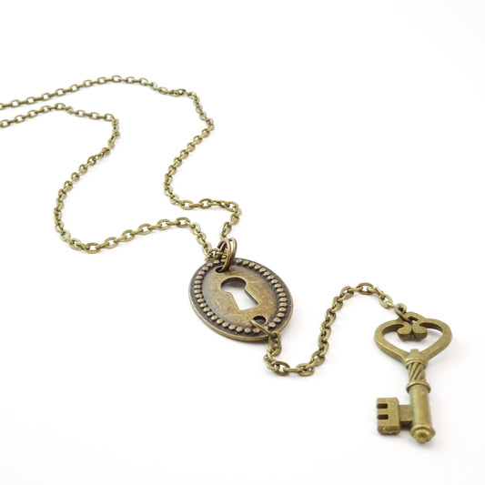 Key & Keyhole Necklace | Long Y Necklace |  Bronze