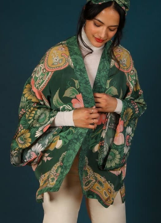 Luxe Folk Art Floral Kimono Jacket - Fern - La De Da